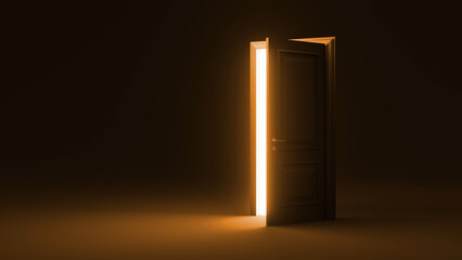 Slightly opened door allowing bright, warm light to flood into a dark, empty room, creating an atmosphere filled with mystery and hope, suggesting new beginnings and endless possibilities