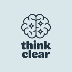 A stylized outline of a brain with sparkling stars inside accompanied by the bold text think clear representing clarity of thought and mental focus
