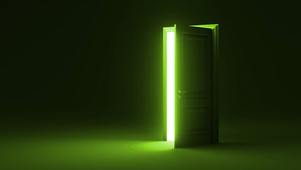 Slightly open classic door revealing an intense green light, illuminating a dark room and creating a mysterious, surreal atmosphere filled with hints of adventure and possibility