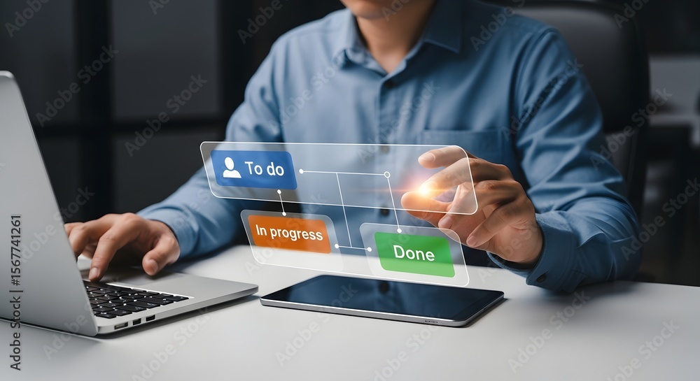 Poster person uses a digital kanban board on holographic interface to manage tasks, showing workflow visual