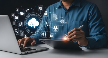 Professional uses modern cloud computing and digital devices, showcasing secure data management and advanced technology solutions for businesses.