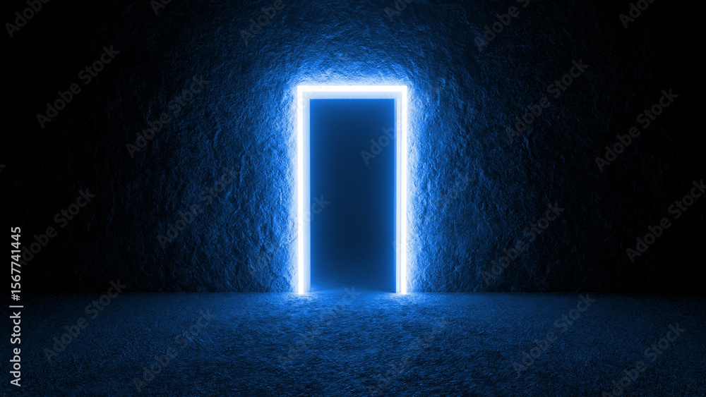 Poster bright blue rectangular doorway illuminating a dark room filled with stone walls and floors, creatin
