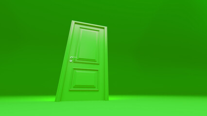Slightly ajar vibrant green door stands in an empty green room, symbolizing new opportunities, choices, or a fresh start, bathed in a uniform green light