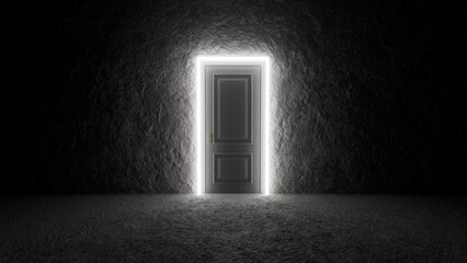 Bright light pouring through a rectangular doorway in a dark room, creating an atmosphere filled with mystery and surreal intrigue, inviting thoughts of hope and new beginnings