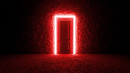 Glowing red neon light framing a closed door in the center of a dark, textured room, enhancing a mysterious and dramatic atmosphere filled with intrigue and suspense
