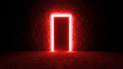 Glowing red neon light frames a mysterious doorway in a dark room, creating a dramatic and enigmatic atmosphere, perfect for backgrounds related to mystery, suspense, or the unknown