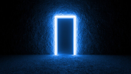Bright blue rectangular doorway illuminating a dark room filled with stone walls and floors, creating an enchanting and mysterious atmosphere full of intrigue and possibility