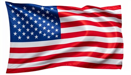 A vibrant, waving American flag with stars and stripes against a white background.