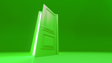 Slightly opened green door with bright light shining through the doorway in empty green room, symbolizing new opportunities, hope, and a bright future