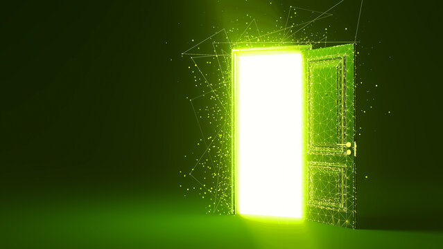 Bright light streaming through an open door in a vibrant green room, evoking feelings of hope, new beginnings, and a world filled with exciting possibilities and opportunities