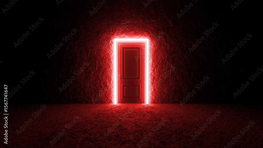 Poster glowing red neon lights framing a closed door in a dark room create a mysterious and intriguing atmo
