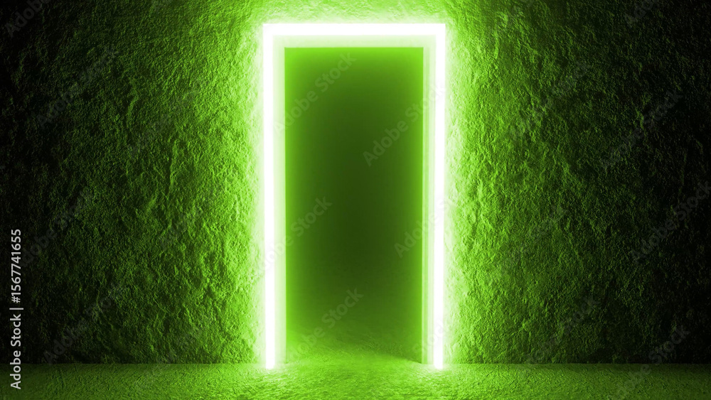 Poster glowing rectangular doorway with bright neon green light illuminating grunge concrete textured walls