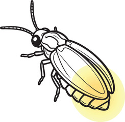 A clean and simple black and white outline illustration of a firefly, featuring a subtle yellow bioluminescent glow.