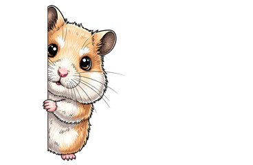 Cute cartoon hamster peaking out from the left side - isolated white background chibi illustration