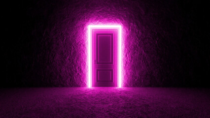 Purple neon lights framing a closed door in a dark room create a mysterious and intriguing atmosphere, inviting curiosity about what lies beyond