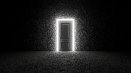 Mysterious door, bathed in light, stands in a dark room, creating a powerful contrast and symbolizing hope, opportunity, and the potential for new beginnings or escape