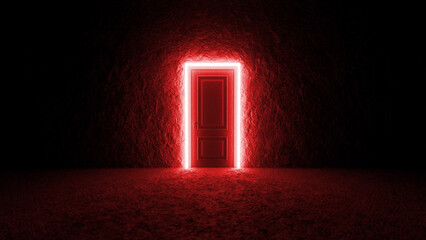 Glowing red neon lights framing a closed door in a dark room create a mysterious and intriguing atmosphere, hinting at hidden secrets or a portal to another dimension