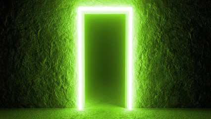 Glowing rectangular doorway with bright neon green light illuminating grunge concrete textured walls in empty room, creating mysterious and futuristic atmosphere