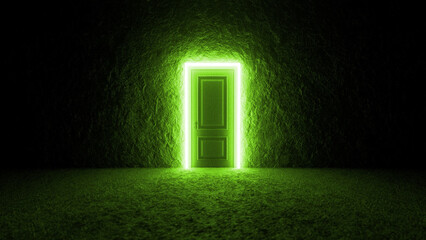 Green neon lights framing a closed door in a dark room create a mysterious and intriguing atmosphere, inviting curiosity and wonder about what lies beyond