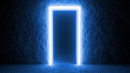 Glowing neon light frames a mysterious doorway in a dark, textured room, creating a dramatic and otherworldly atmosphere, perfect for concepts of mystery, transition, or the unknown