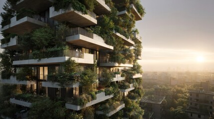 Bosco verticale, green building showing lush vegetation at sunset in milan, italy