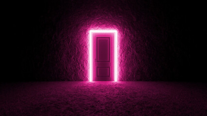 Bright pink neon lights framing a closed door in a dark room with textured walls, creating an intriguing and mysterious atmosphere filled with vibrant energy and surreal shadows
