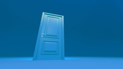 Closed blue door leaning against a blue wall in a blue room, forming a surreal and minimalist architectural composition that invites contemplation and sparks imagination