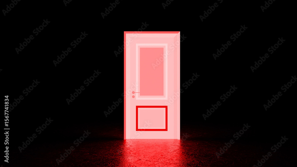 Poster red door with light coming from inside illuminating dark room, creating a mysterious and intriguing 