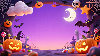 3D Halloween themed backdrop with fun decorations and playful atmosphere, jack-o'-lanterns and bats on edges, central area left clear for poster or flyer design