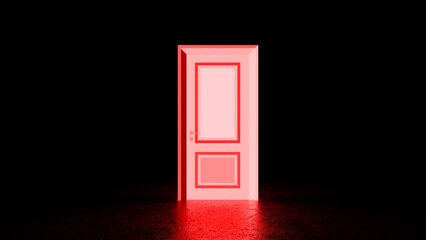 Vibrant red door standing in a dark room, emitting a warm glow that illuminates the floor, creating an enchanting atmosphere filled with mystery and a sense of hope
