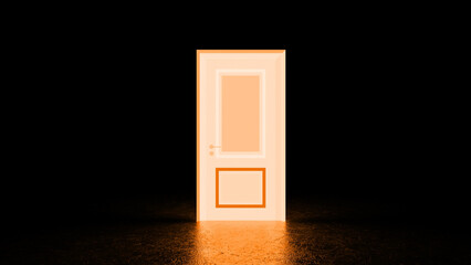 Mysterious glowing door illuminates a dark room, representing hope, opportunity, and the potential for new beginnings or a spiritual journey