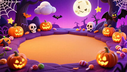 Halloween party cartoon design in purple and orange colors, pumpkins, skulls, and candy floating at top and bottom, empty space across center for design overlay
