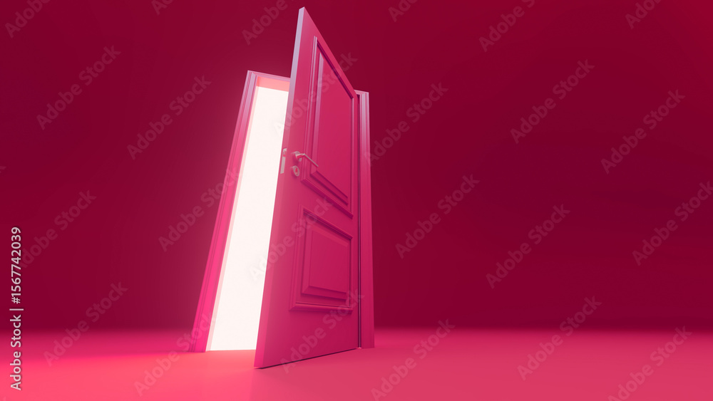 Poster minimalist pink door slightly open with bright white light shining through standing in an empty pink