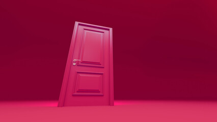 Closed pink door slightly ajar, casting a delicate shadow in an empty pink monochrome room, evoking feelings of mystery, transition, and the promise of new beginnings