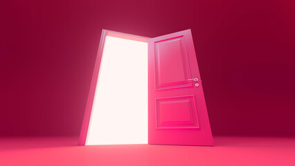 Minimalist pink door slightly ajar, revealing a flood of bright white light in an empty pink room, symbolizing opportunity, new beginnings, and the allure of mystery