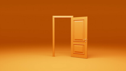 Orange door is slightly open, inviting to new possibilities and beginnings, set against a vibrant orange backdrop that amplifies the sense of excitement and potential
