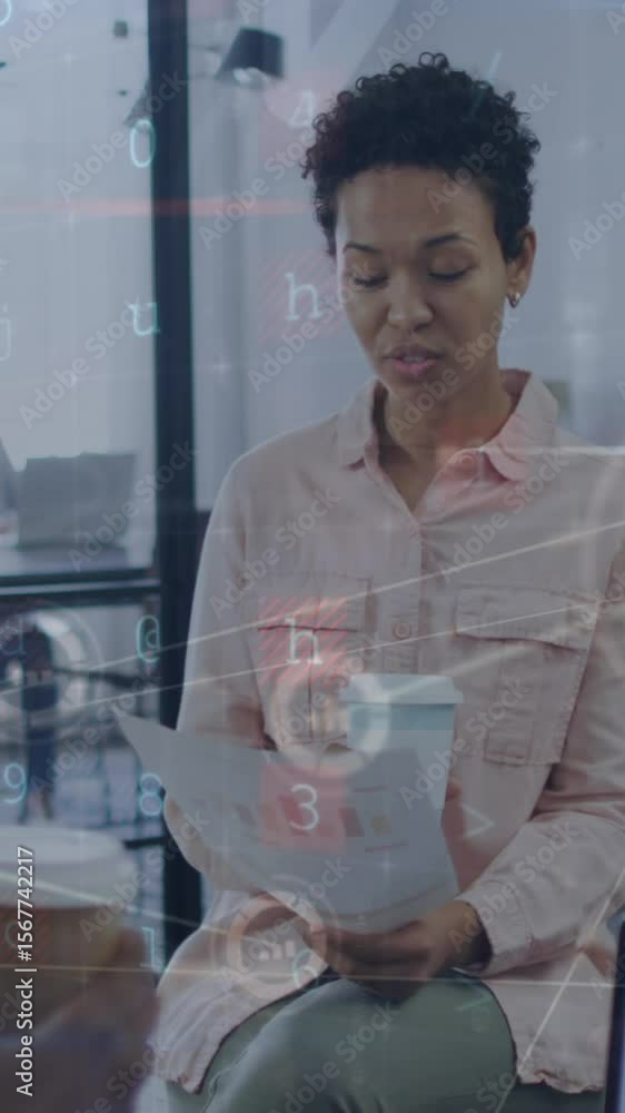 Poster animation of data processing and network of connections over diverse business people in office