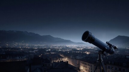 Telescope exploring night sky above city lights and mountains