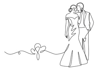 continuous line art of a pair of man and woman in wedding dress and suit performing a wedding with curved lines forming a heart. Wedding concept. this icon is for invitation cards and wall decorations