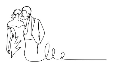 continuous line art of a pair of man and woman in wedding dress and suit performing a wedding with curved lines forming a heart. Wedding concept. this icon is for invitation cards and wall decorations