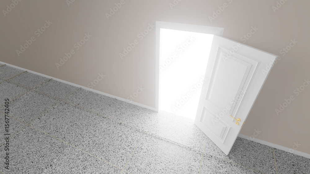 Poster bright light floods through an open door into an empty room with a terrazzo floor, creating a sense 