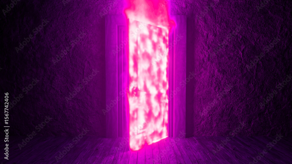 Poster bright pink light glowing from an open doorway illuminates a dark, empty room with wooden floors and