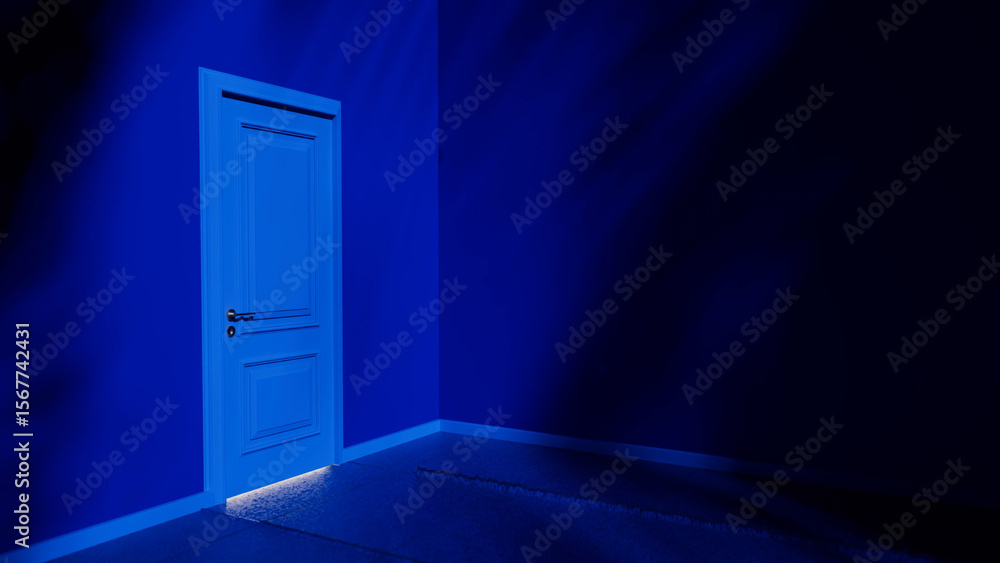 Poster slightly open white door casting light into an empty blue room, revealing shadows that enhance a mys