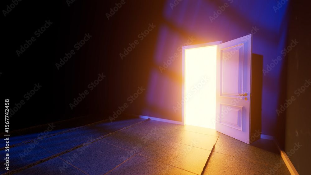 Poster open door is illuminating a dark room with bright light, creating a mysterious and surreal atmospher
