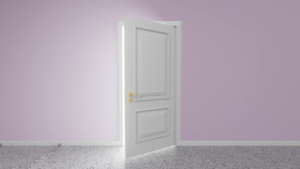 Slightly opened white door revealing a bright light in a purple room with terrazzo flooring, creating a concept of mystery, hope, and new beginnings