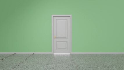 Minimalist interior design featuring a closed white door on a vibrant green wall in an empty room with speckled flooring, creating a sense of mystery and anticipation