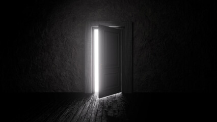 Ajar door with bright light shining into dark room with grunge concrete wall and wooden floor, representing concepts such as hope, new beginnings, and the unknown