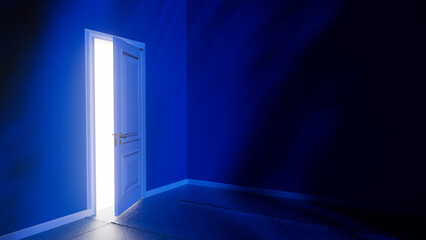 Slightly opened white door allowing bright light to flood into a dark blue room, creating a mysterious and surreal atmosphere filled with hints of hope and possibility