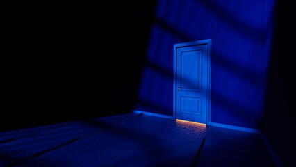 Light streaming under a white door brightens the floor of a dark room featuring a blue wall, evoking a sense of mystery and intrigue within the shadows