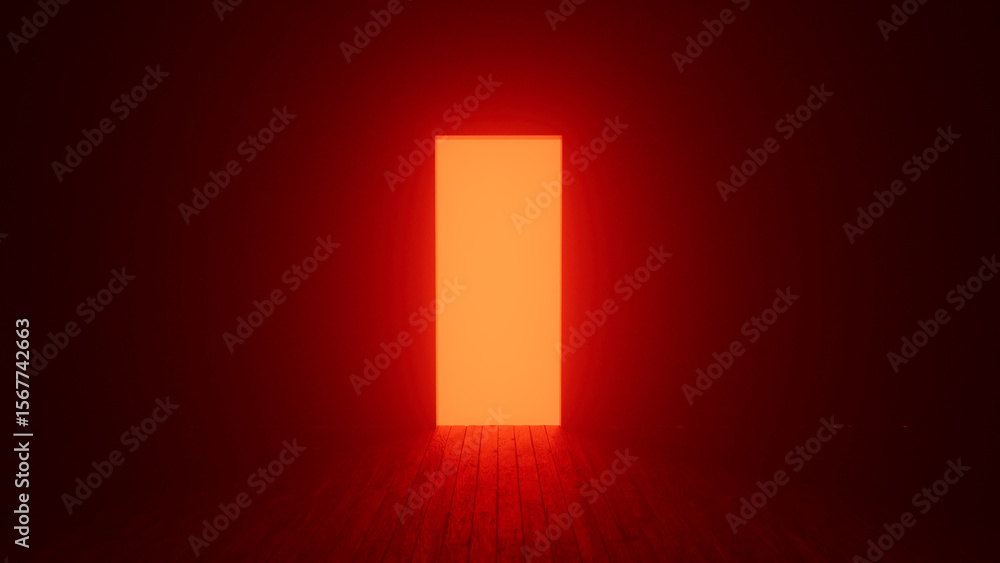 Poster glowing rectangular doorway illuminating a dark, empty room with a wooden floor, creating a mysterio